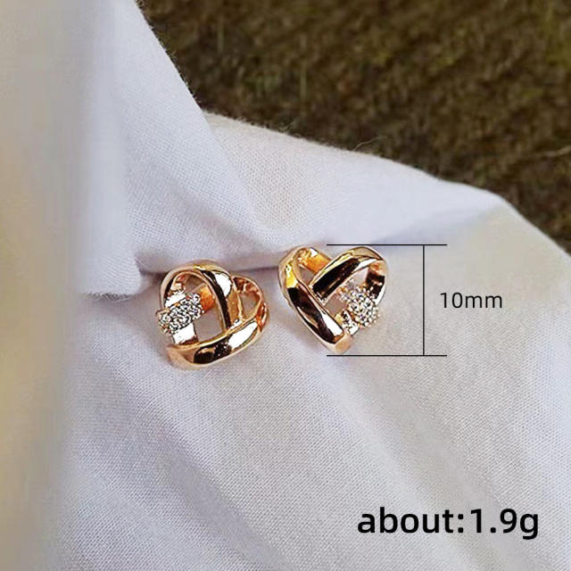 Delicate gold color heart diamond copper studs earrings