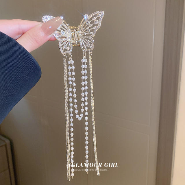 Delicate diamond butterfly long tassel hair claw clips