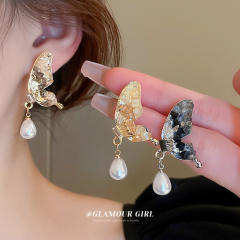 Creative color crystal stone butterfly pearl drop earrings
