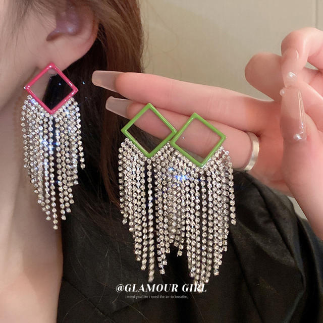 Luxury hollow out colorful diamond tassel earrings