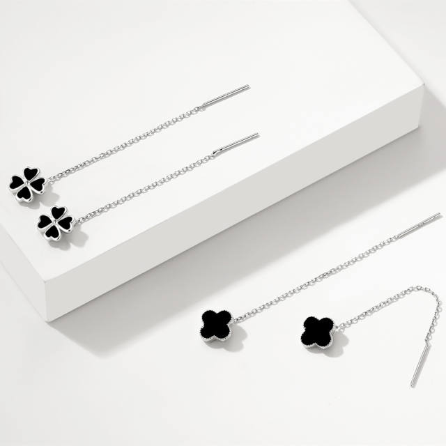 925 sterling silver black clover chic threader earrings