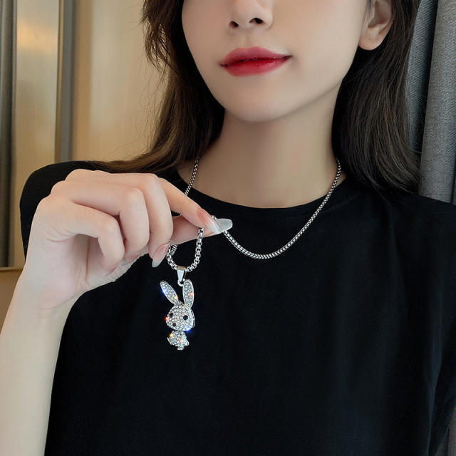 Personality diamond rabbit alloy pendant stainless steel chain long necklace