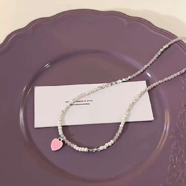Y2K sweet pink heart charm bead choker necklace