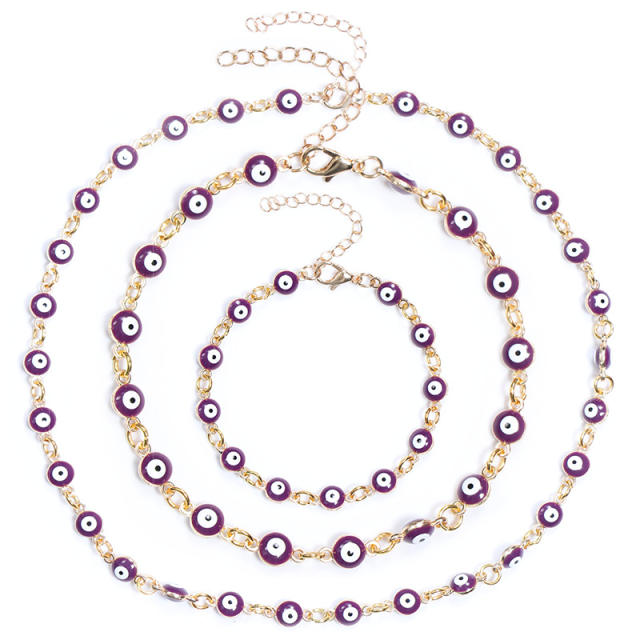 Hot sale color enamel evil eye alloy necklace bracelet anklet set