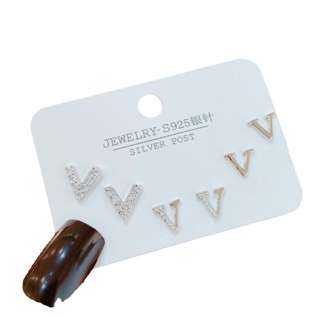 Delicate diamond V letter copper ear studs set