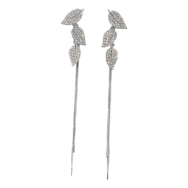 Luxury diamond leaf design chain tassel jacket earrings