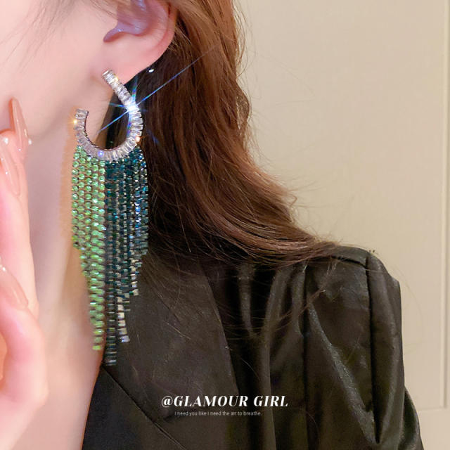 Luxury green color rhinestone diamond tassel earrings