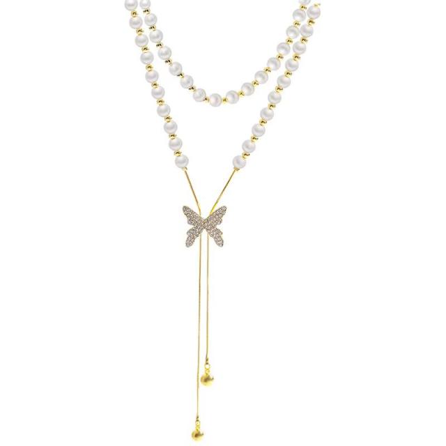 Eleagnt diamond butterfly pearl bead slide necklace