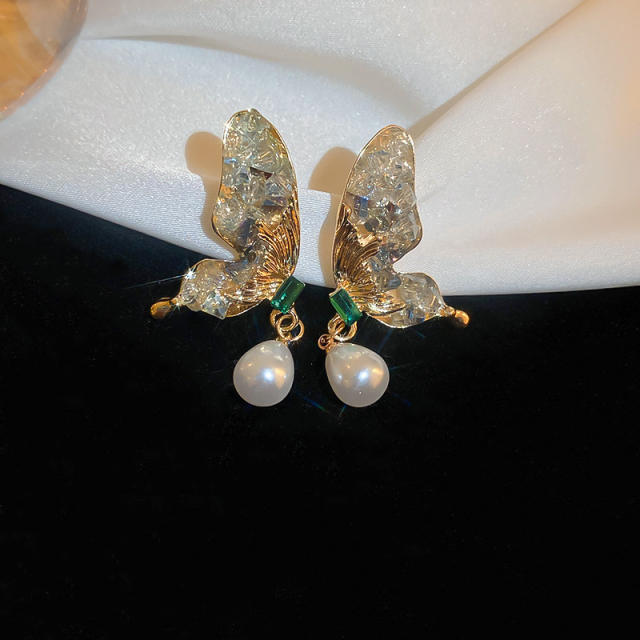 Creative color crystal stone butterfly pearl drop earrings