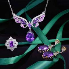 Luxury amethyst cubic zircon statement angel wing copper necklace set