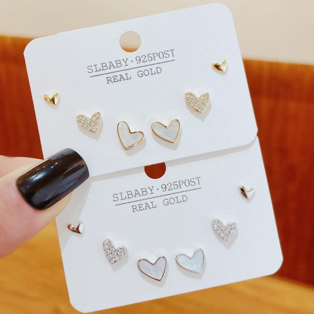 Chic diamond mother shell heart copper ear studs set