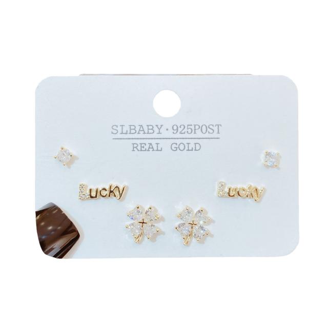 Chic design cubic zircon clover lucky letter copper earring set