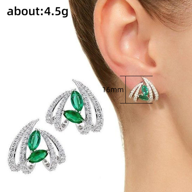 Elegant pave setting cubic zircon green diamond copper ear studs
