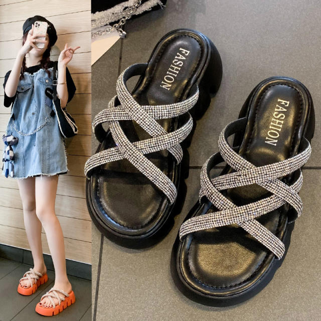 Summer shiny diamond platform slippers