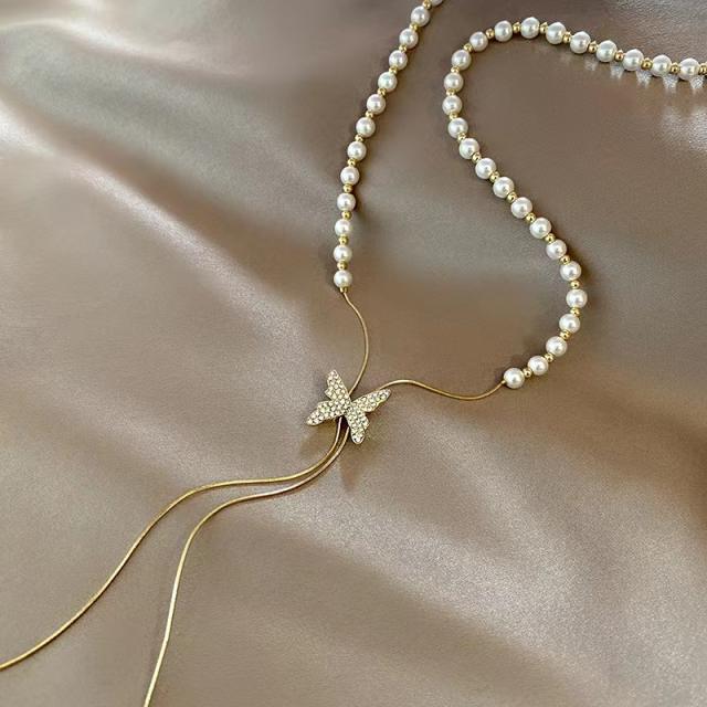 Eleagnt diamond butterfly pearl bead slide necklace
