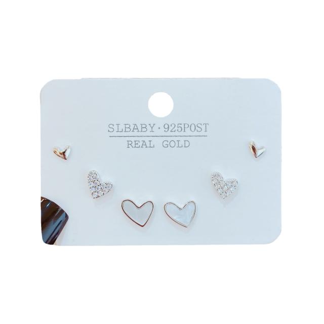 Chic diamond mother shell heart copper ear studs set