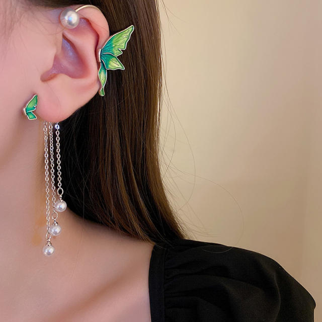 Barque trend green color butterfly pearl tassel ear wrap