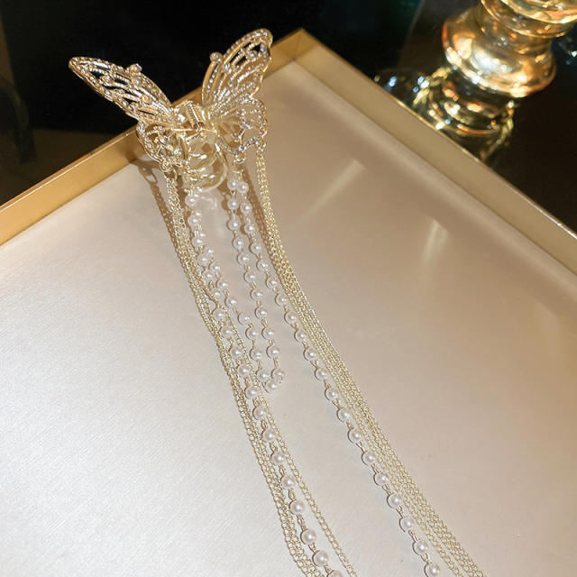 Delicate diamond butterfly long tassel hair claw clips