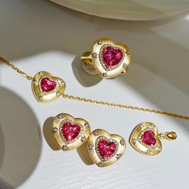 Vintage elegant red green cubic zircon heart copper necklace set