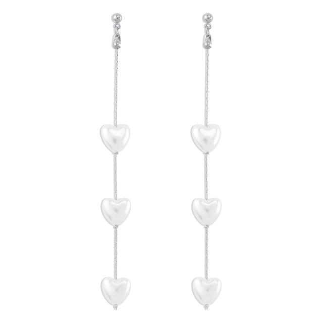 Elegant heart pearl alloy long earrings