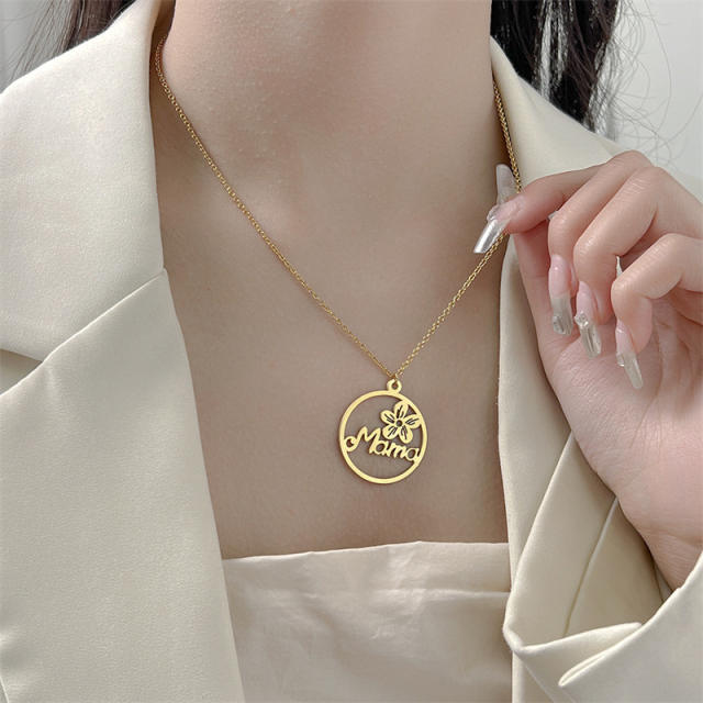 Korean fashion mama letter hollow pendant mother's day stainless steel necklace