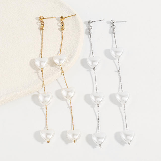 Elegant heart pearl alloy long earrings