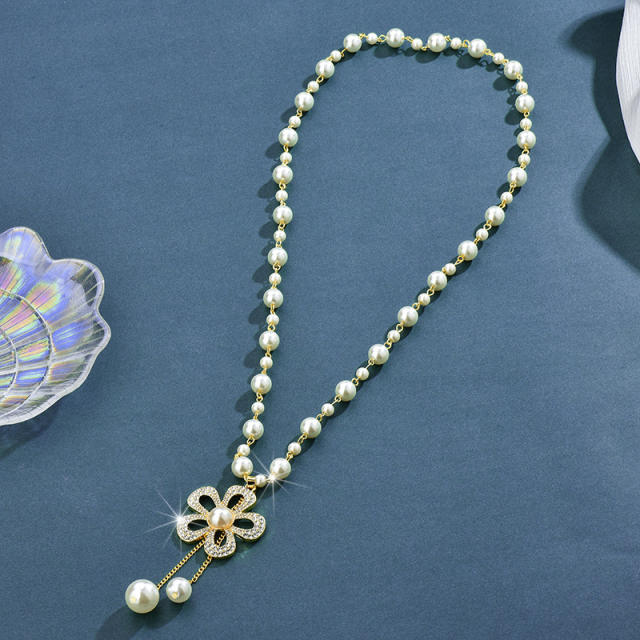 Elegant pearl petal flower long necklace sweater chain