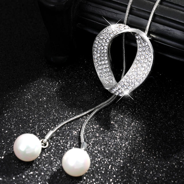 Elegant geometric diamond circle pearl long necklace sweater chain