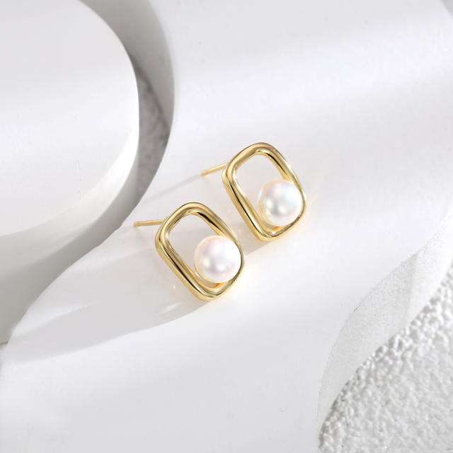 Elegant gold color geometric square pearl copper studs earrings