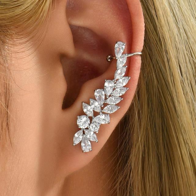 Luxury pave setting cubic zircon feather copper ear cuff(1pcs price)
