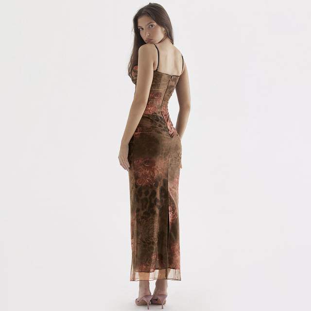 Sexy brown color mesh material slip maxi dress