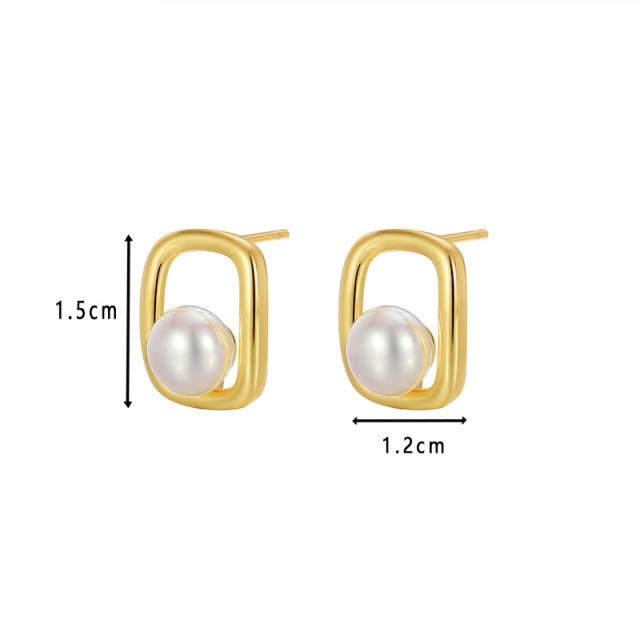 Elegant gold color geometric square pearl copper studs earrings