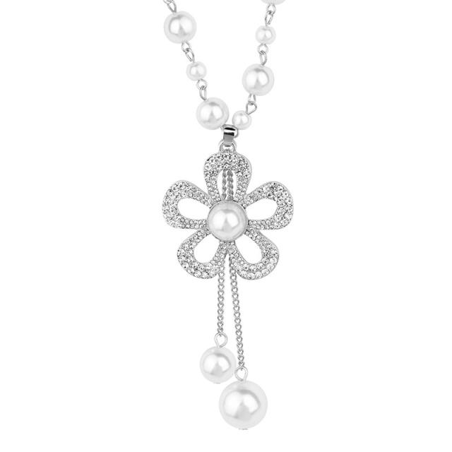 Elegant pearl petal flower long necklace sweater chain