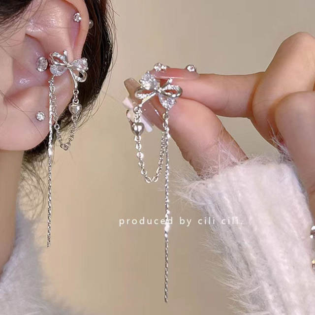 Super shiny rhinestone butterfly tassel ear cuff