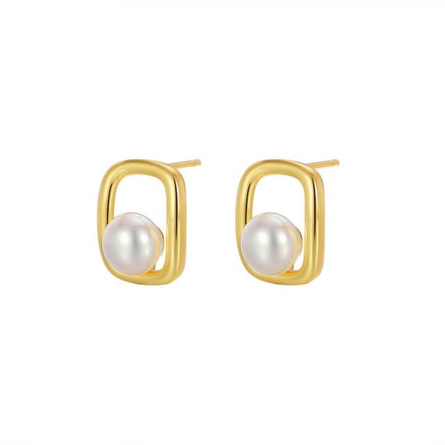 Elegant gold color geometric square pearl copper studs earrings