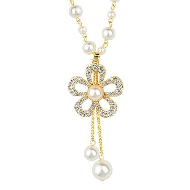 Elegant pearl petal flower long necklace sweater chain