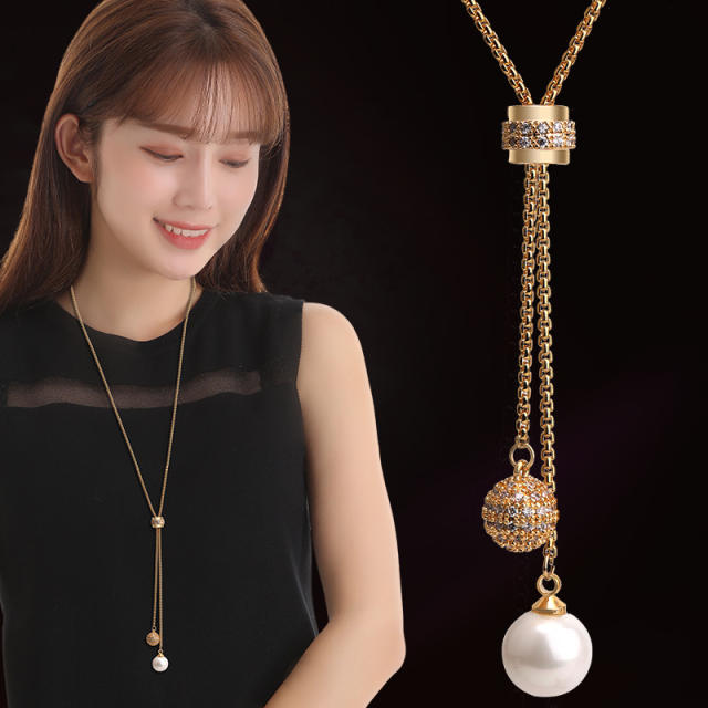 Concise pearl bead alloy long necklace sweater chain