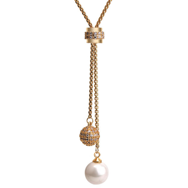 Concise pearl bead alloy long necklace sweater chain