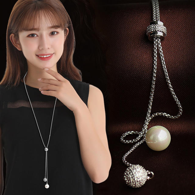 Concise pearl bead alloy long necklace sweater chain