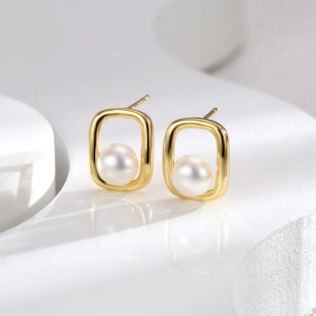 Elegant gold color geometric square pearl copper studs earrings