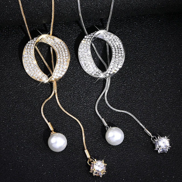 Concise cubic zircon circle pearl alloy long necklace sweater chain