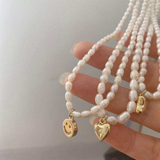 Elegant water pearl bead real gold plated smile face heart choker neckace