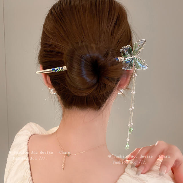 Chinese trend color crystal butterfly tassel hair sticks