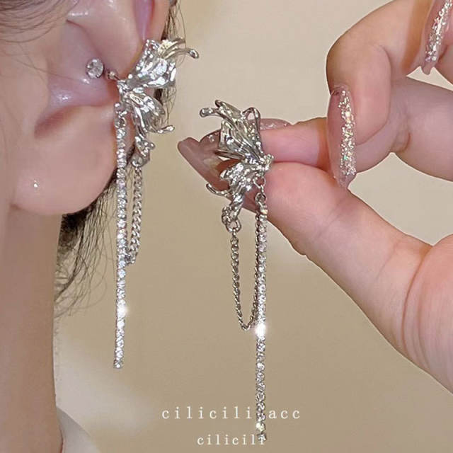 Super shiny rhinestone butterfly tassel ear cuff