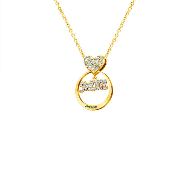 Hot sale mom letter circle diamond heart engrave letter necklace