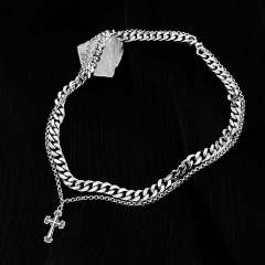 Hiphop two layer cross charm cuban chain stainless steel necklace for men