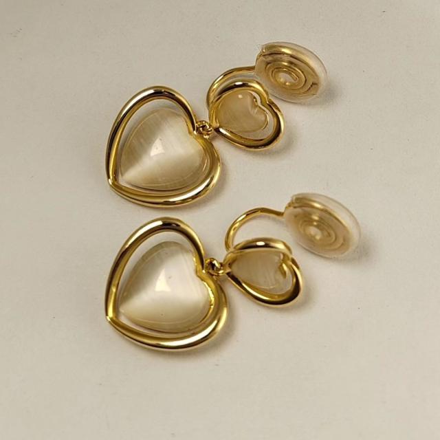 Korean fashion elegant opal stone heart clip on earrings
