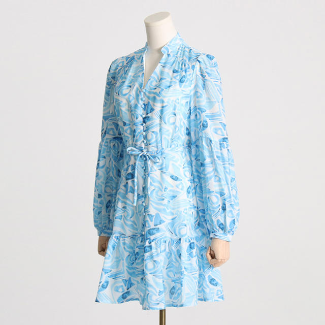 Holiday trend long sleeve blue color floral shirt dress