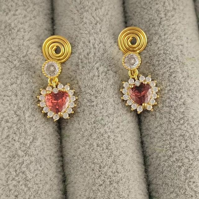 Elegant color cubic zircon heart copper clip on earrings
