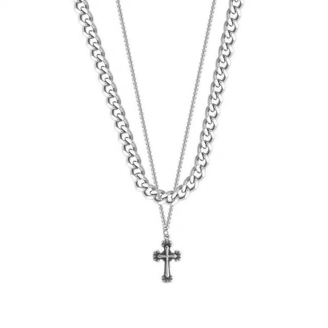 Hiphop two layer cross charm cuban chain stainless steel necklace for men
